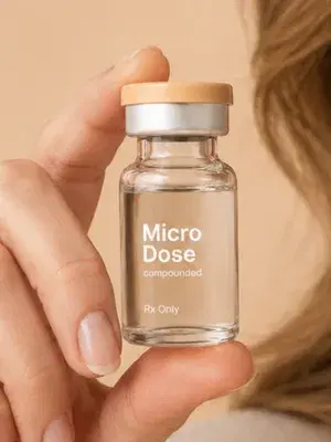 Menopause woman holding a microdose GLP-1 vial