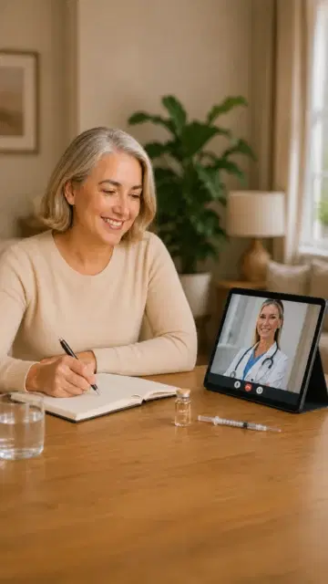 Woman on a video visit with her notebook and medication